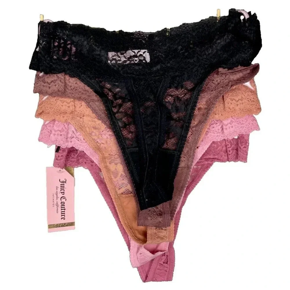 Juicy Couture XL Lace Pink-Brown Array Of Colors Logo No-Line Thong Panties-5 Pk